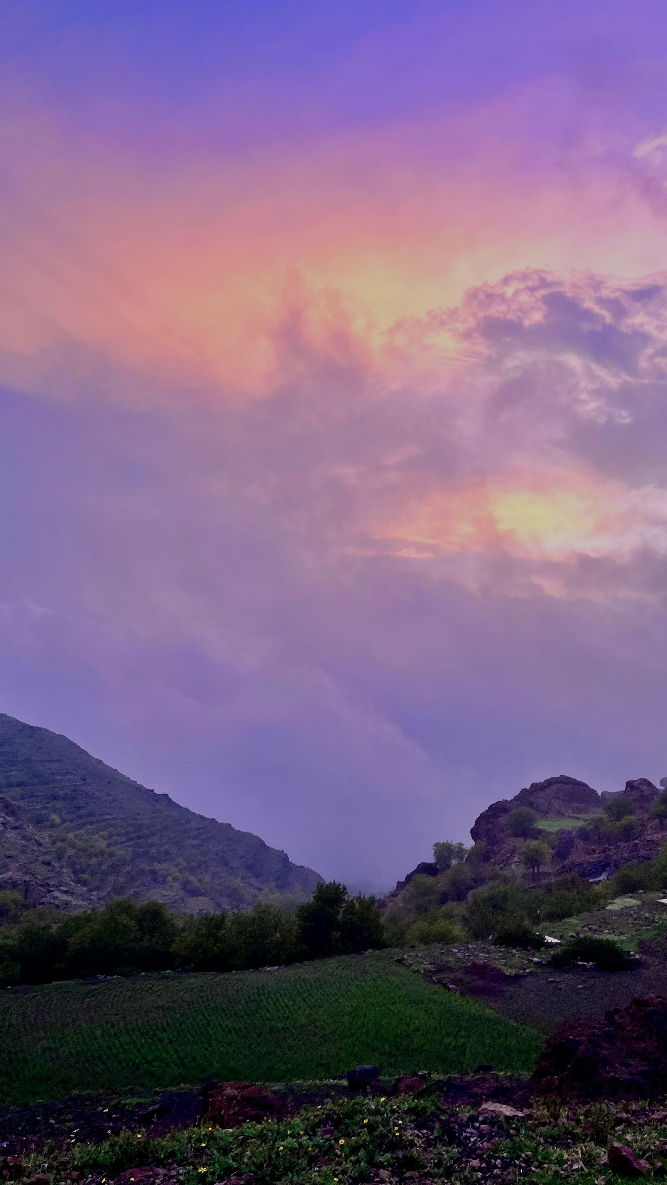 Pastel purple and pink sunset sky over green terraced hillsides and a cultivated valley