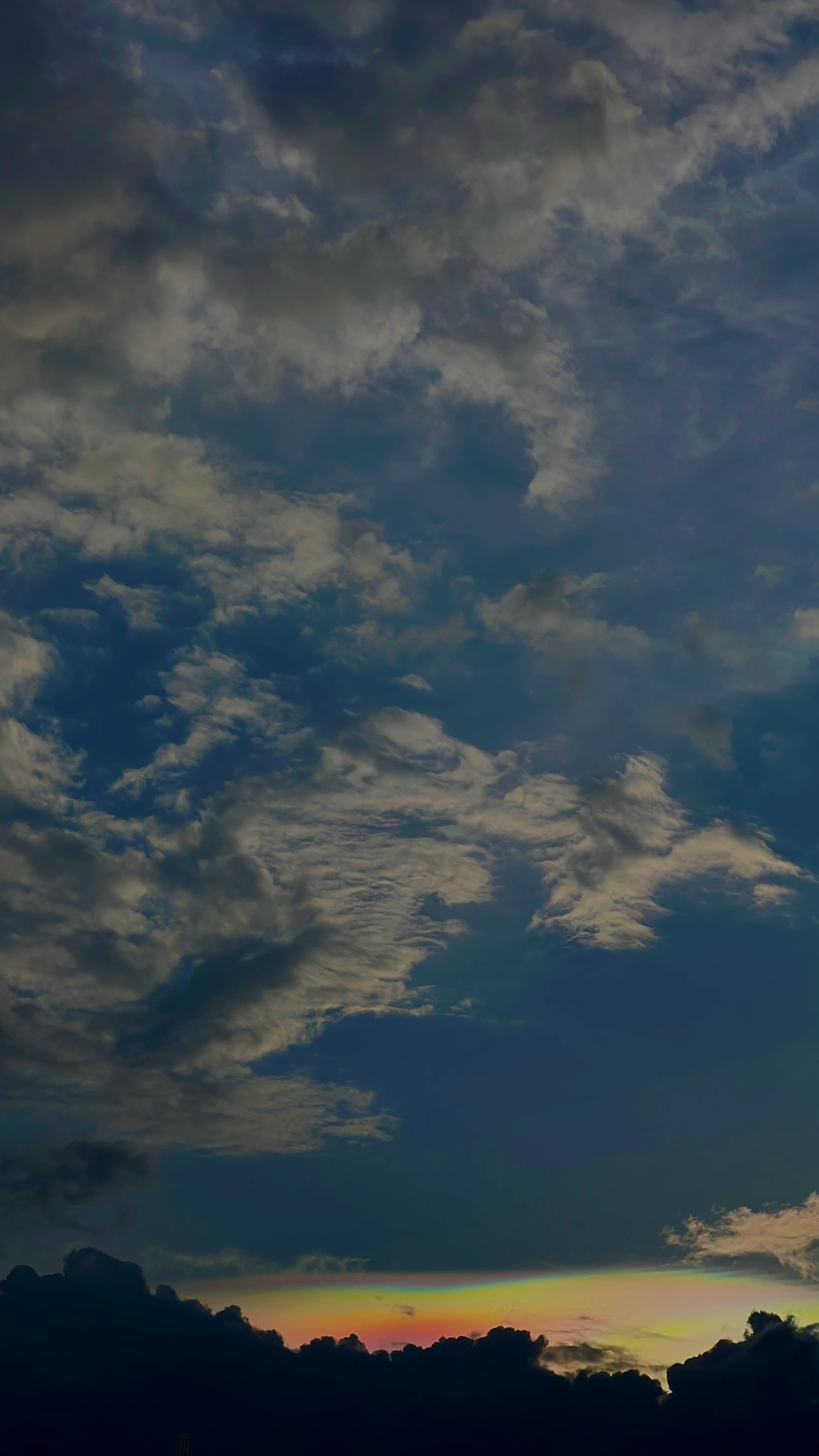 Wispy blue-grey clouds filling a dusk sky above a dark silhouetted treeline, a thin band of warm color at the horizon